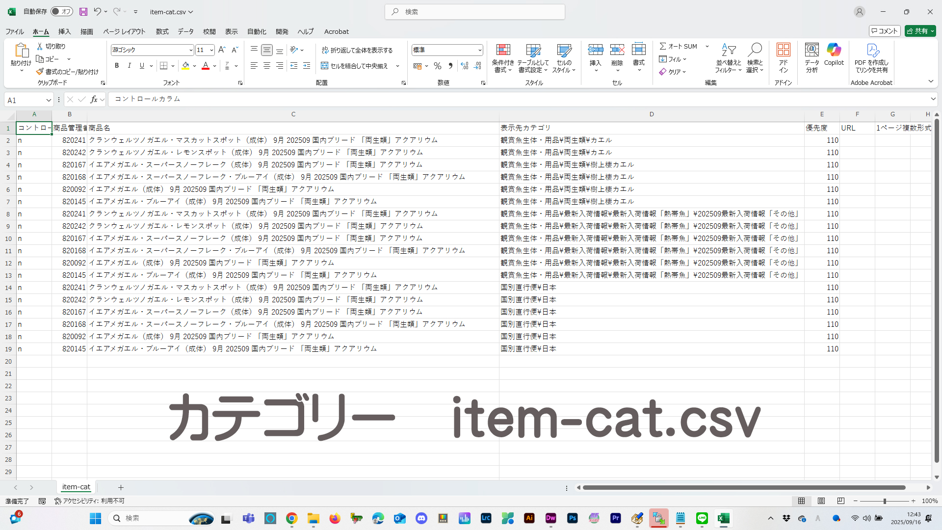 楽天市場、カテゴリー登録用CSV